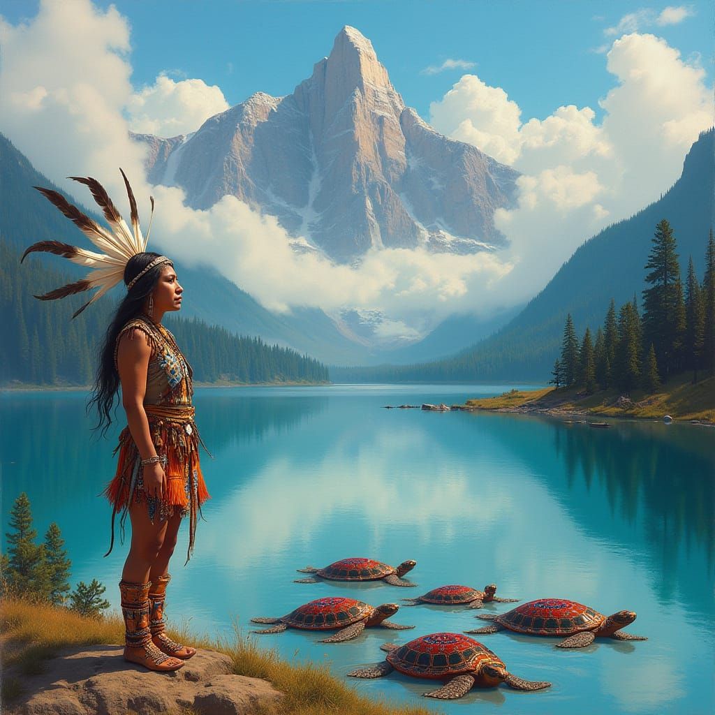 Indigenous Woman in Traditional Regalia Stands on Turtle Isl...
