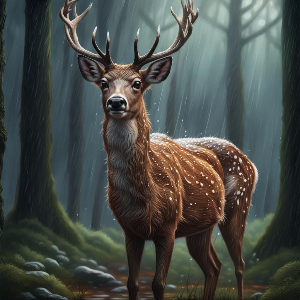 Deer in Rainy Forest: Hyperrealistic Digital Painting