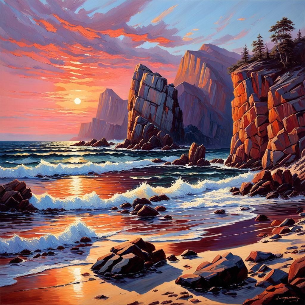 Spectacular Sunrise Oil Painting on Rocky Beach