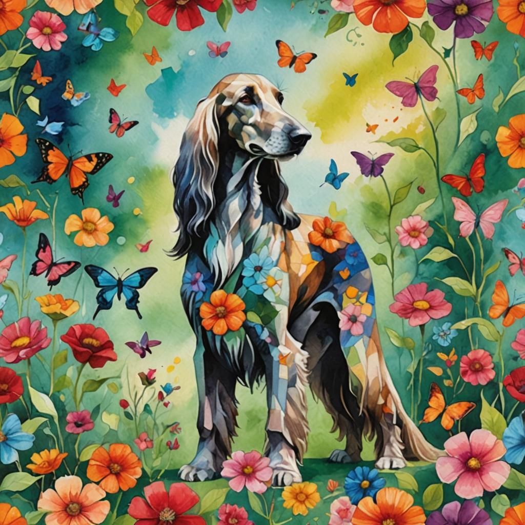 Afghan Hound in Pop Art Watercolor Garden