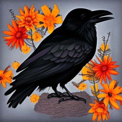 Raven, Skull, and Autumn Flowers Still Life