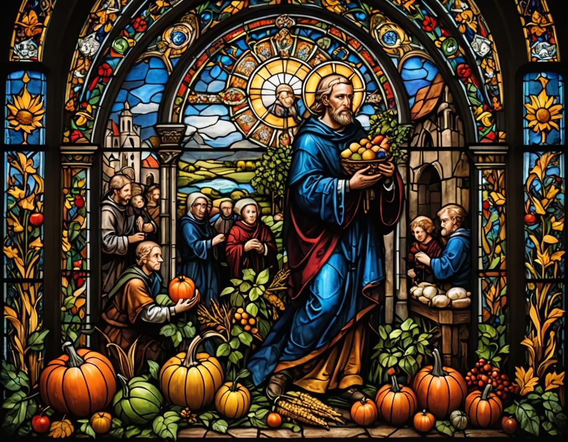Stained Glass Harvest Festival in Church Setting