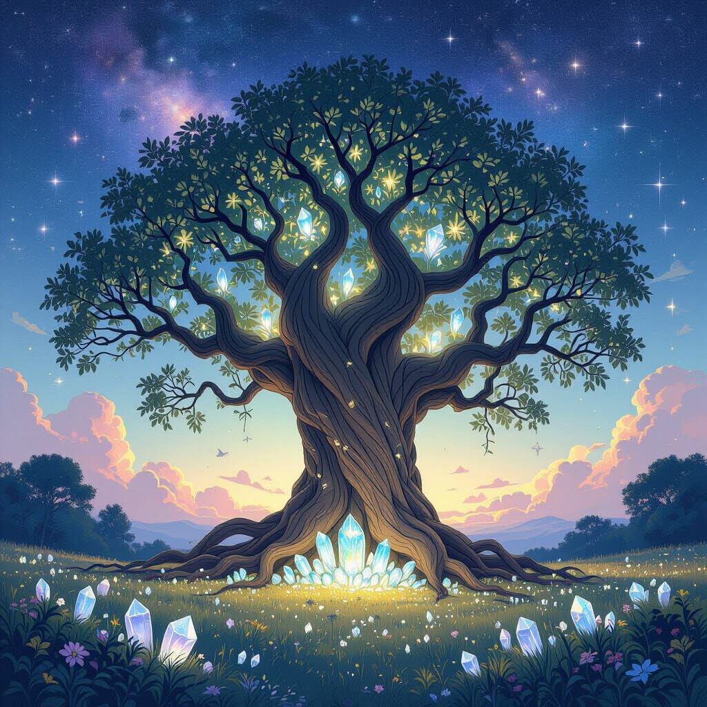 Starlit Meadow Ancient Tree in Art Nouveau Style