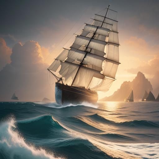 Majestic Ship Sailing into Sunset: Fantasy Concept Art
