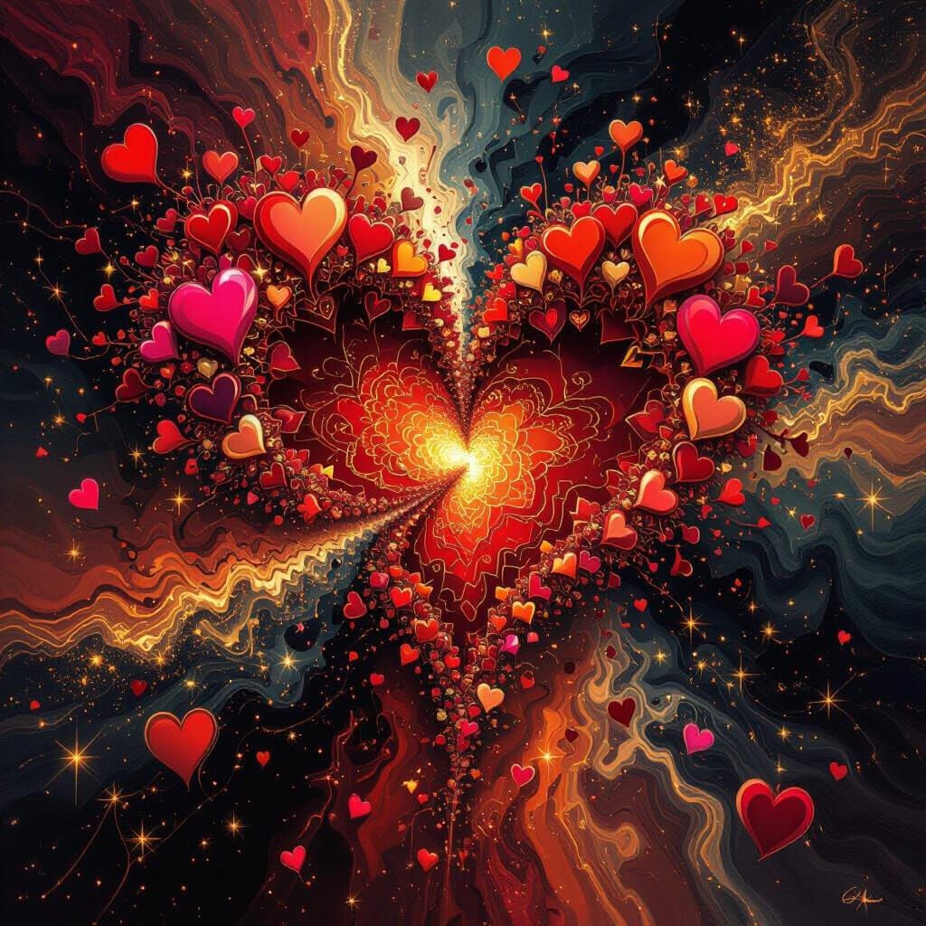 Intricate Fractal Art with Red Hearts and Gold Sparks