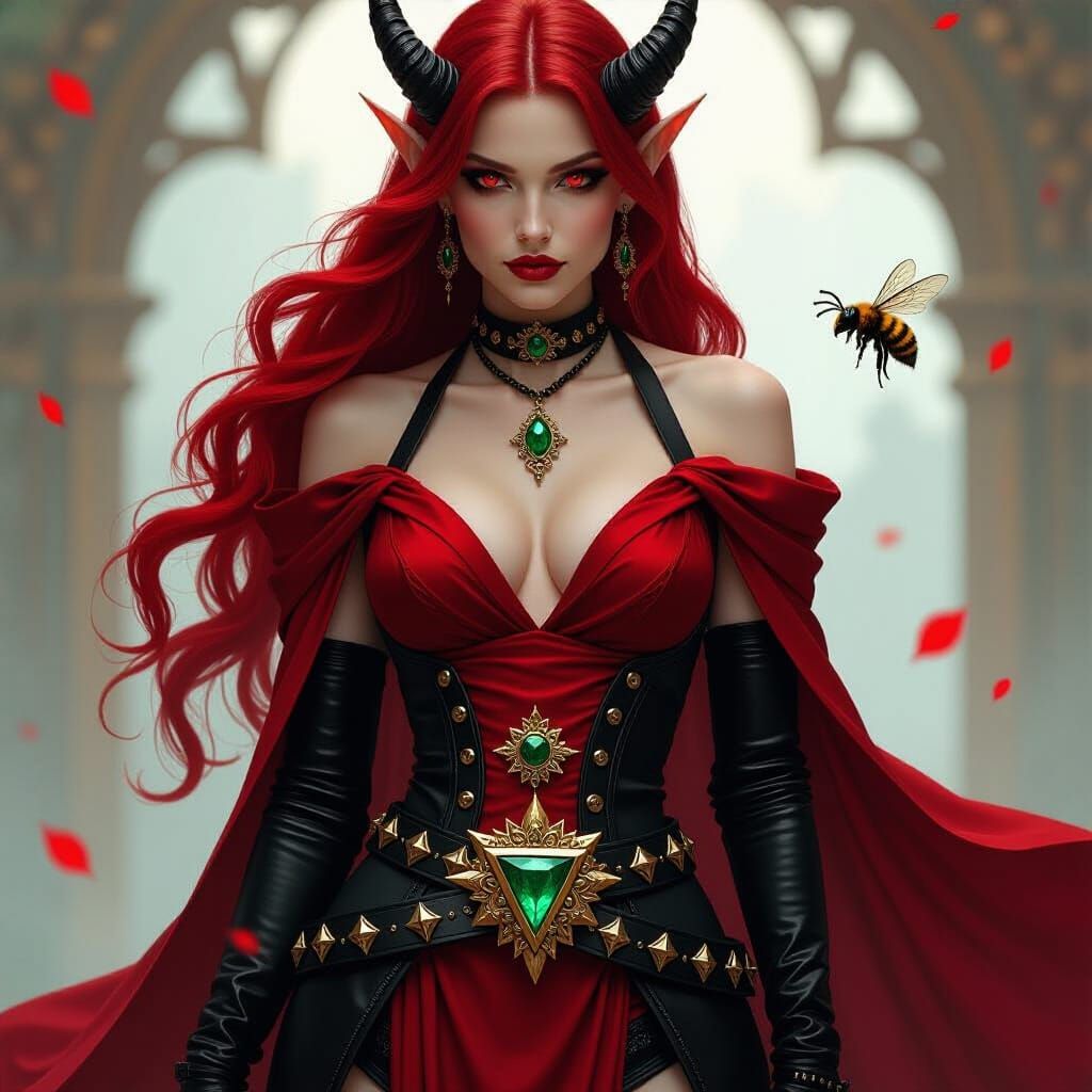 Tiefling in Ornate Fantasy Attire with Mystical Backdrop