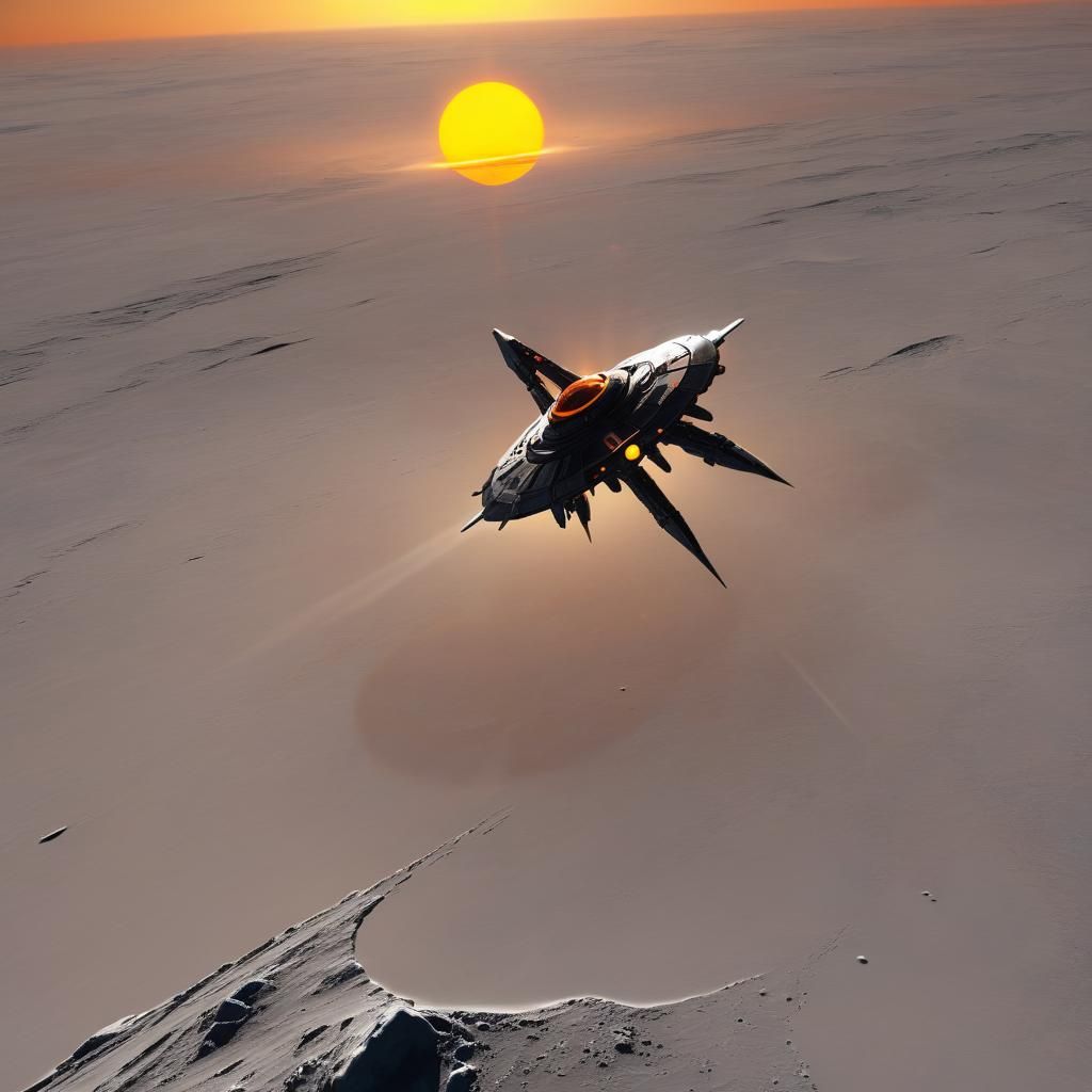 Starship Orbiting Ice Planet Under Orange Sun