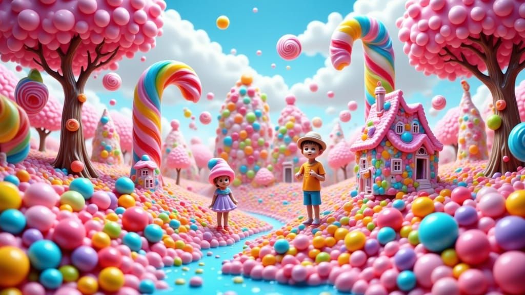 Whimsical Candy World with Children Playing