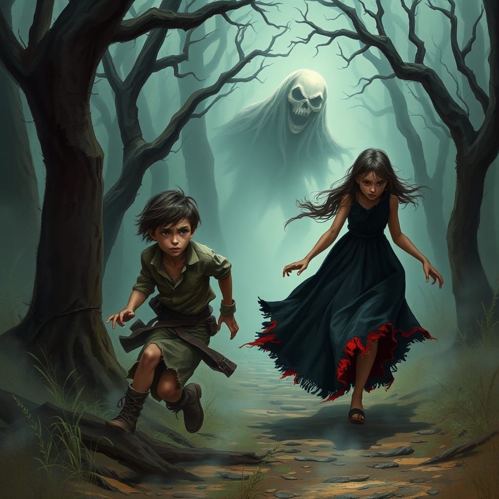 Fleeing Apparition in Dark Gothic Horror Forest