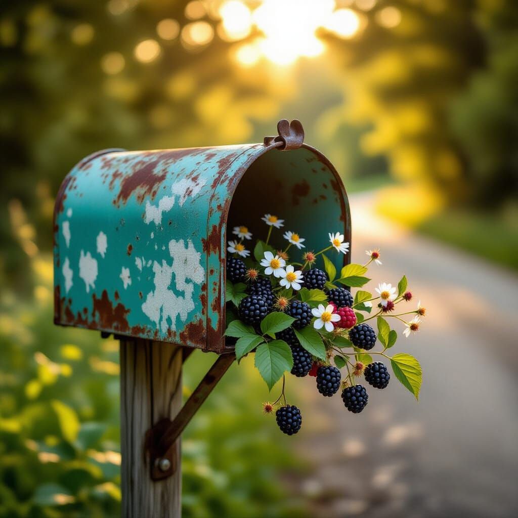 Rustic Mailbox Overflowing with Wild Berries and Flowers