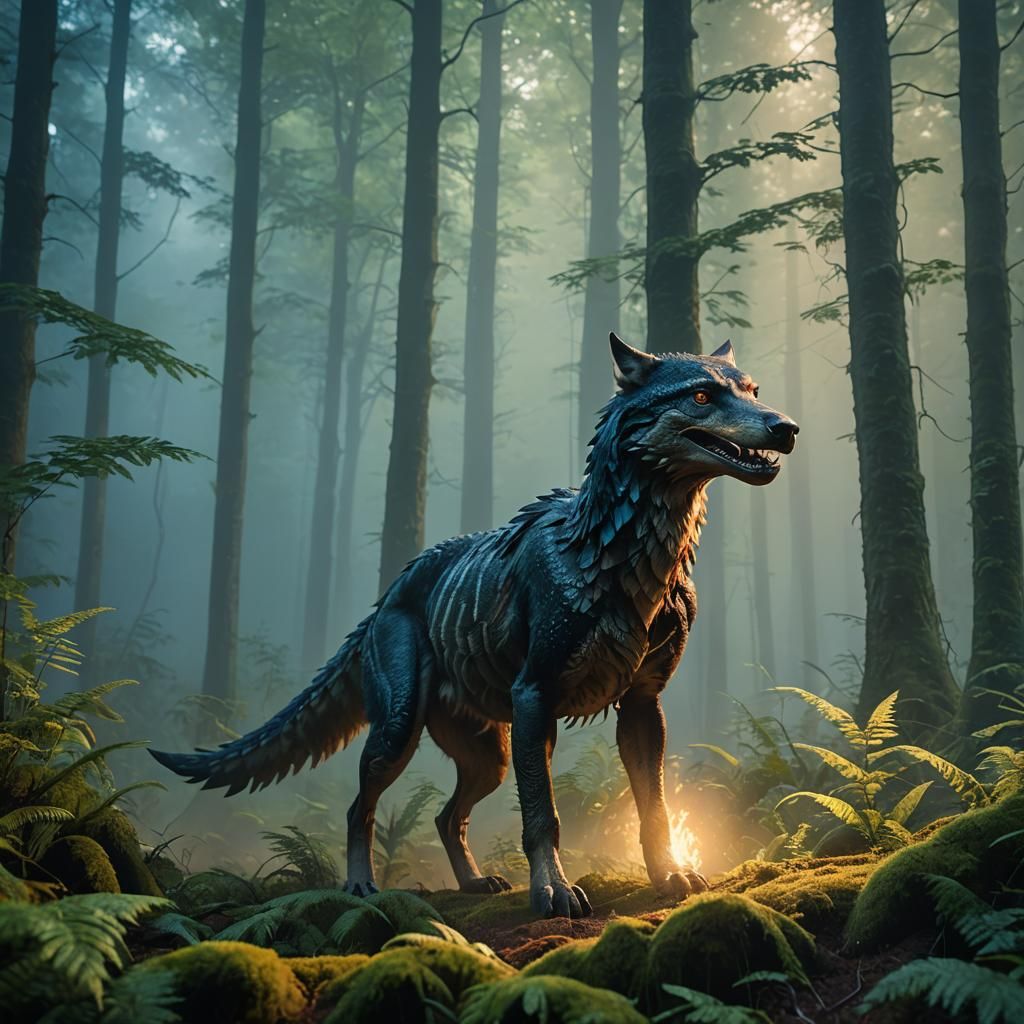 Wolf-Velociraptor Hybrid in Misty Forest: Fantasy Concept Ar...
