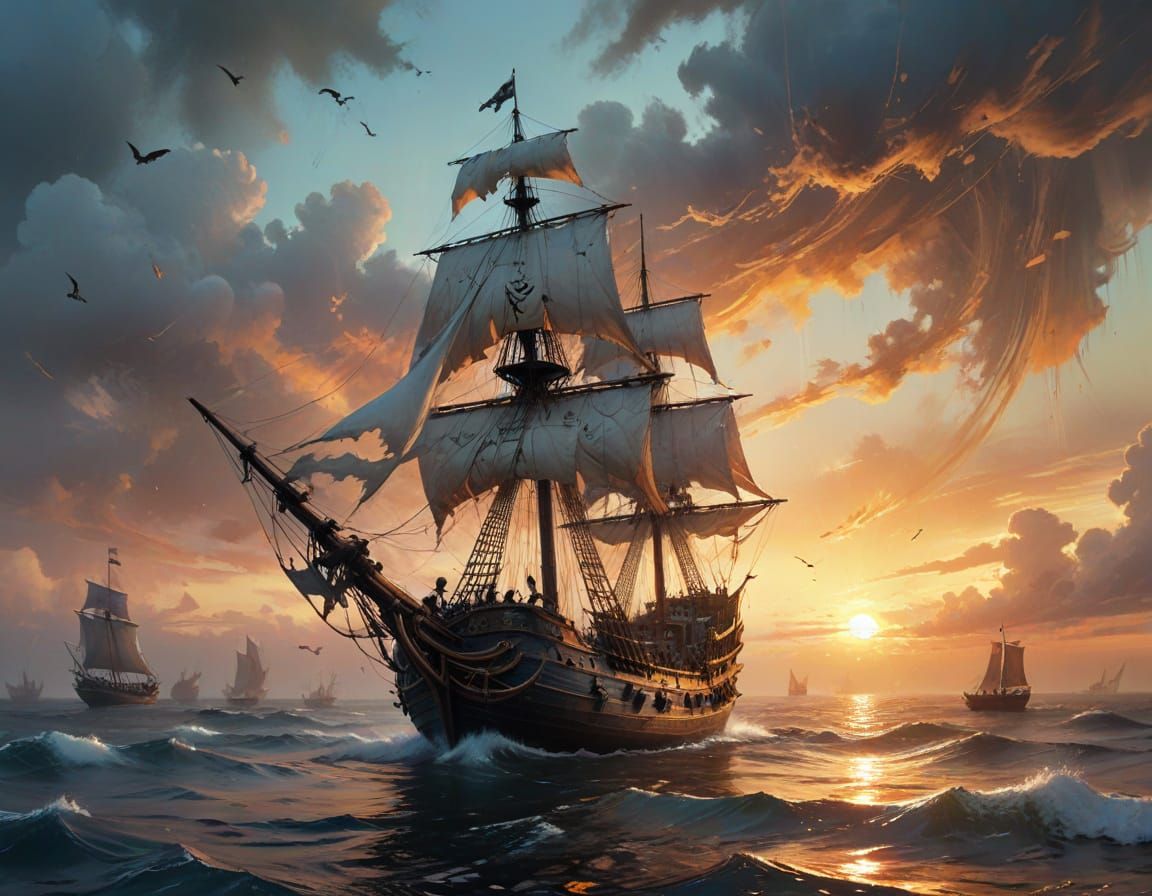 Ghostly Sloop Jolly Roger in Eerie Dockyard