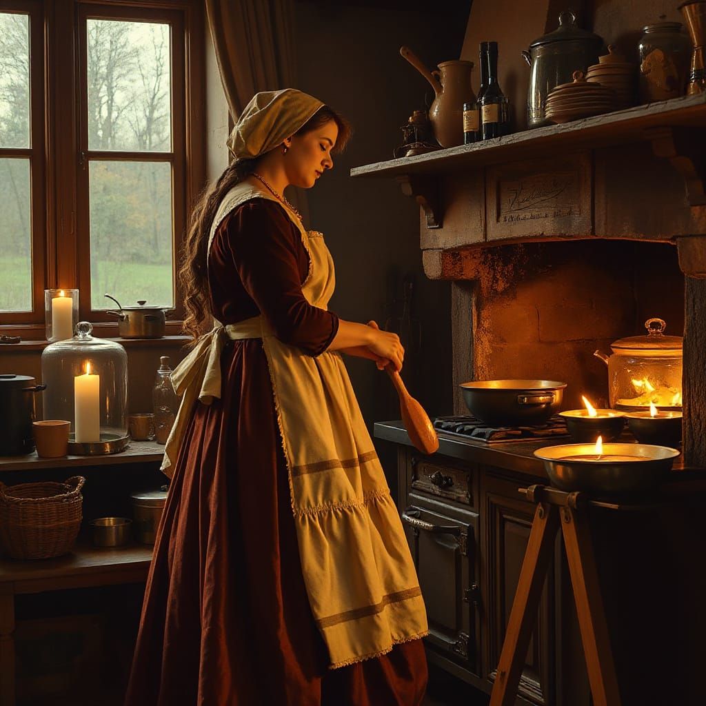 Medieval Maid Cooking in a Warmly Lit Kitchen