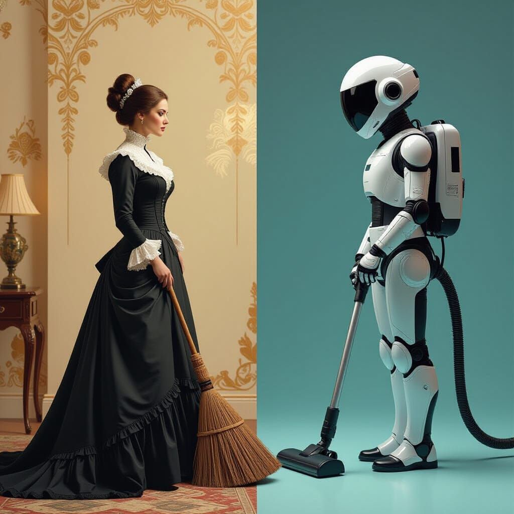 Victorian Broom vs. Modern Vacuum in Futuristic Realism