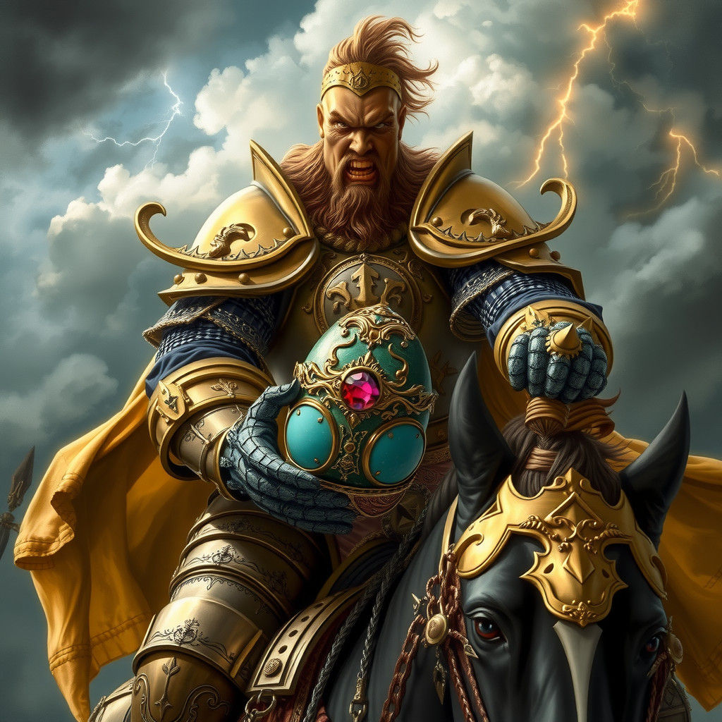 Golden Knight with Egg in Stormy Landscape