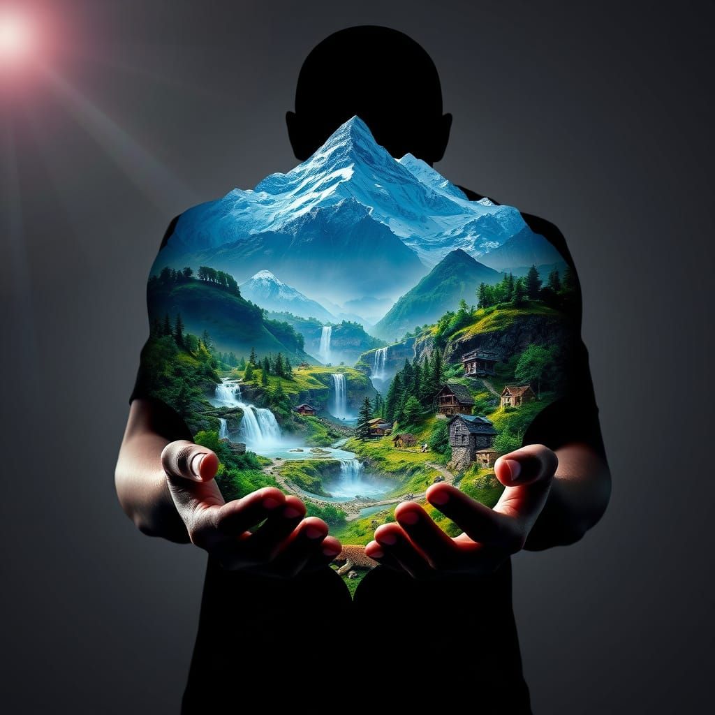 Man Holds Nature Landscape Within Hands, Photorealistic Silh...