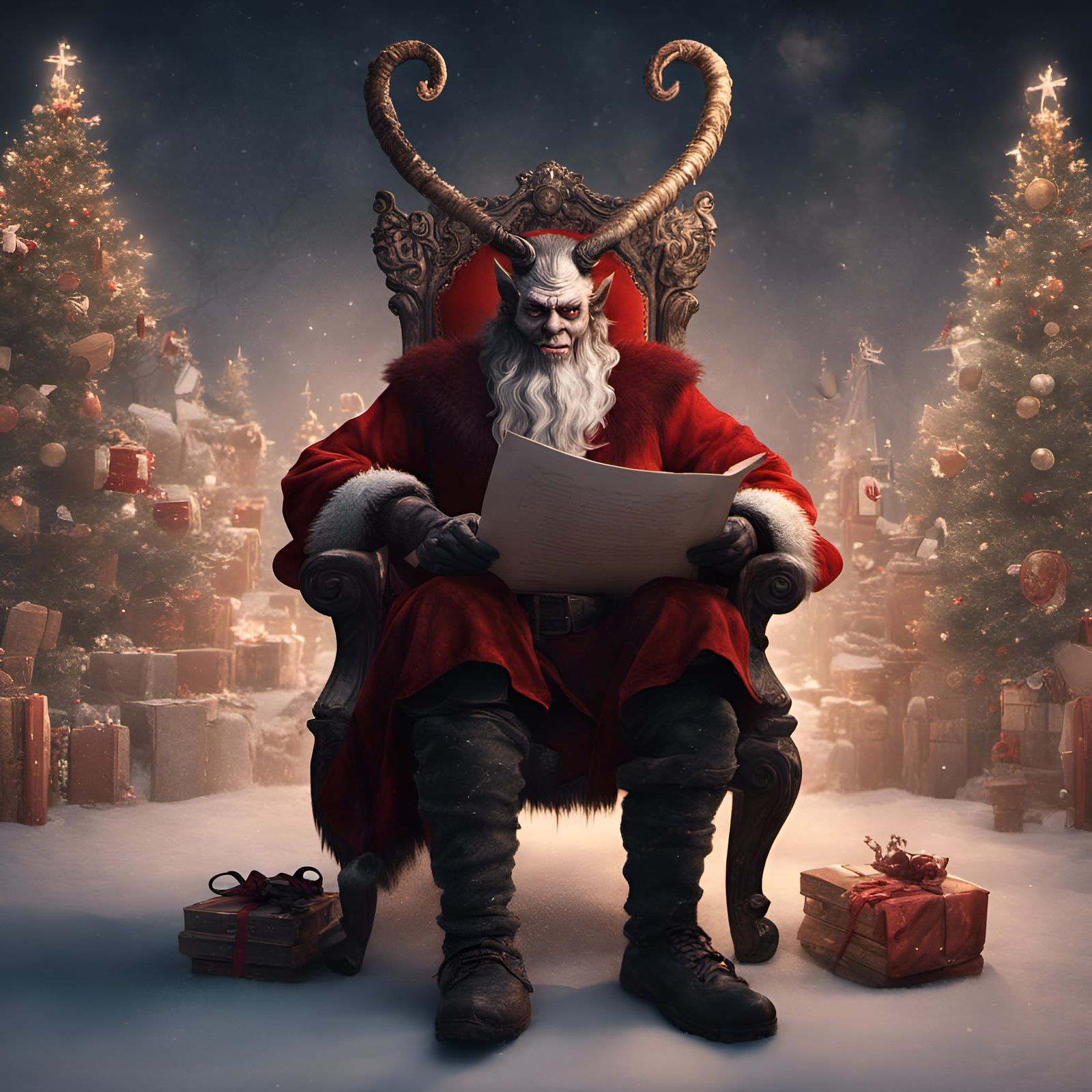 Krampus Sits on Santa's Chair: Fantasy Art