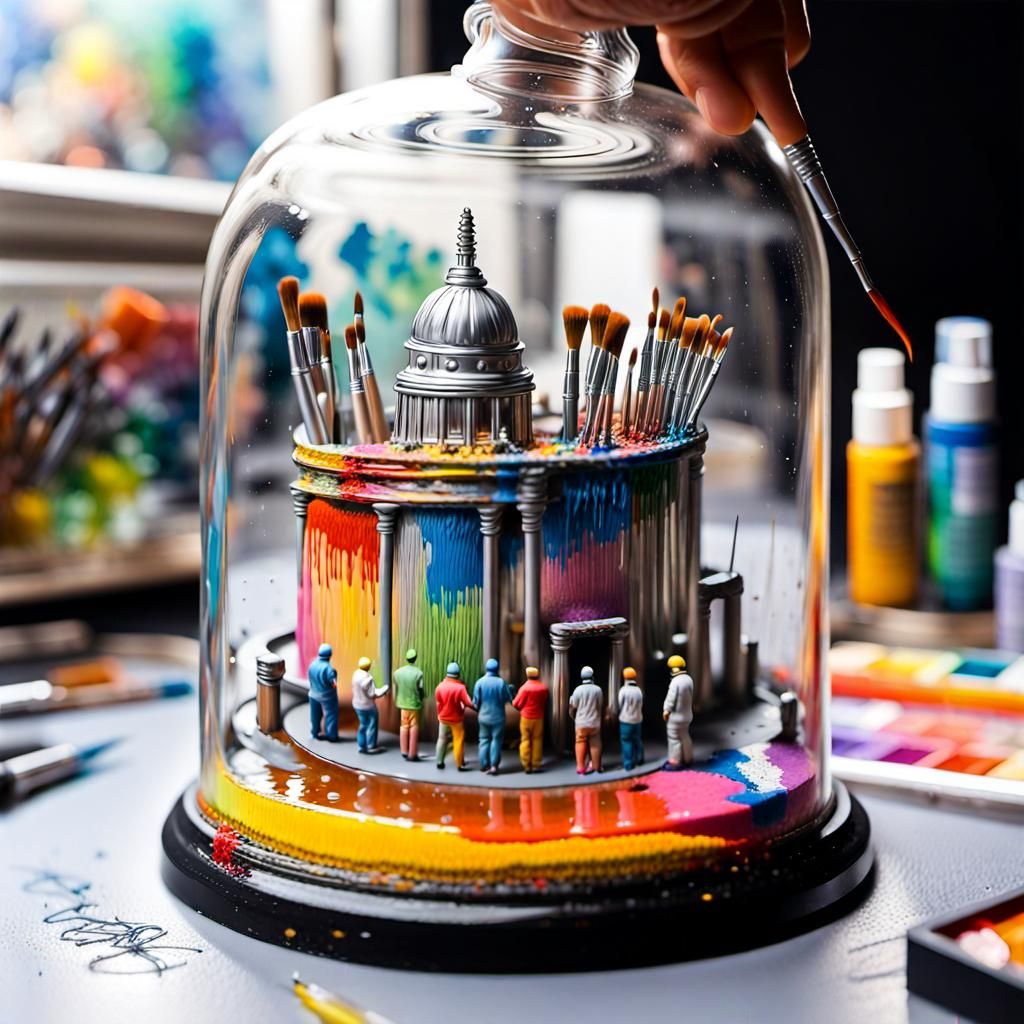 Miniature Artists' World in a Bell Jar: Digital Art