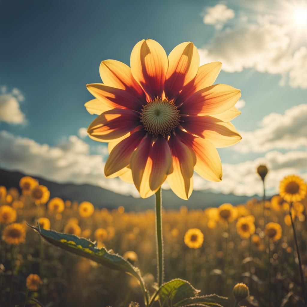 Surreal Giant Flower in Sunlit Valley, Analog Style