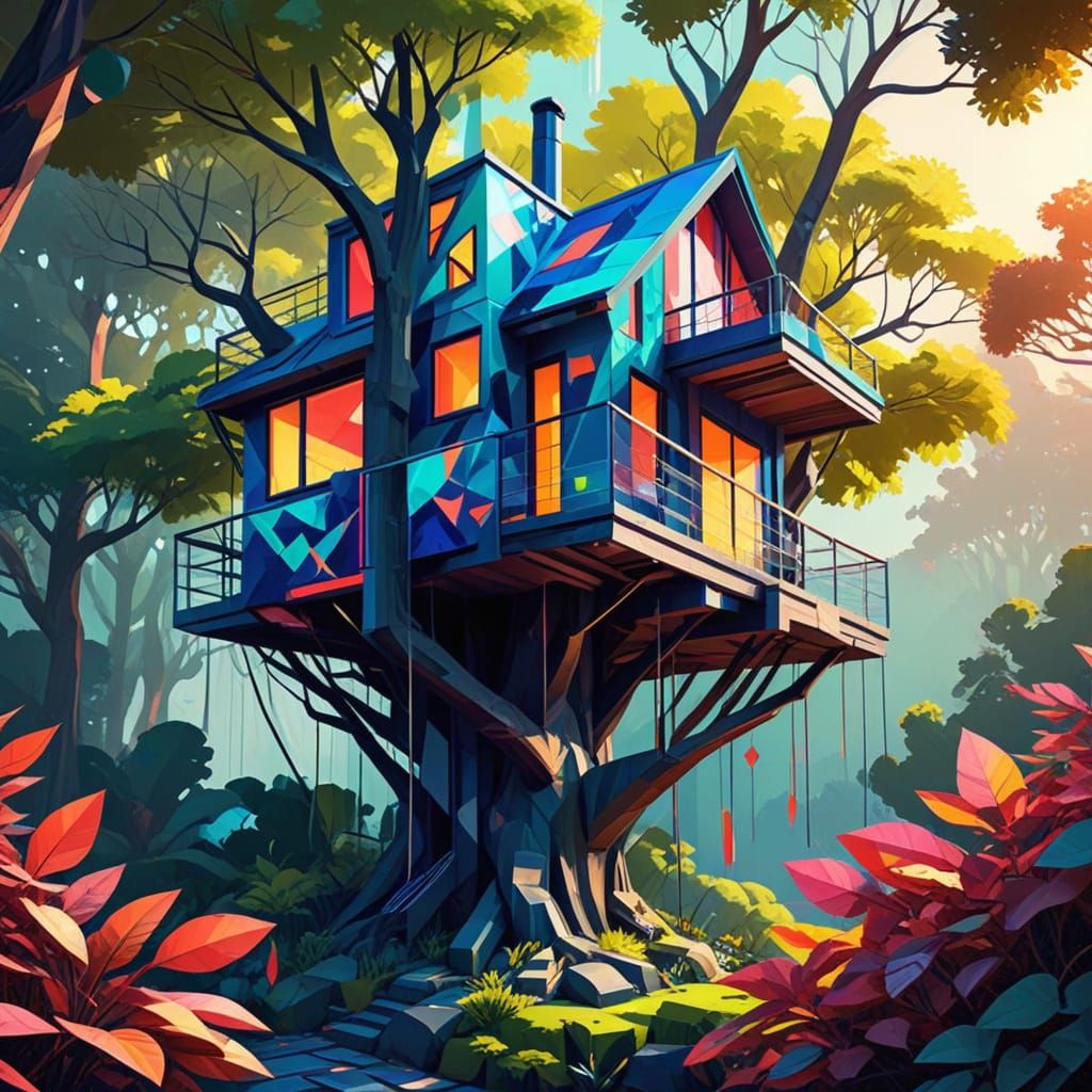 Angular Treehouse in Geometric Fauvism Style