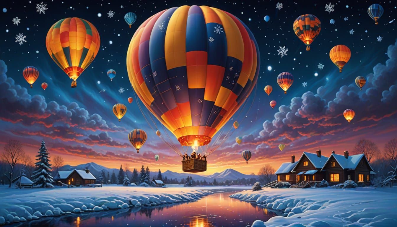 Luminous Hot Air Balloon in Winter Night Sky