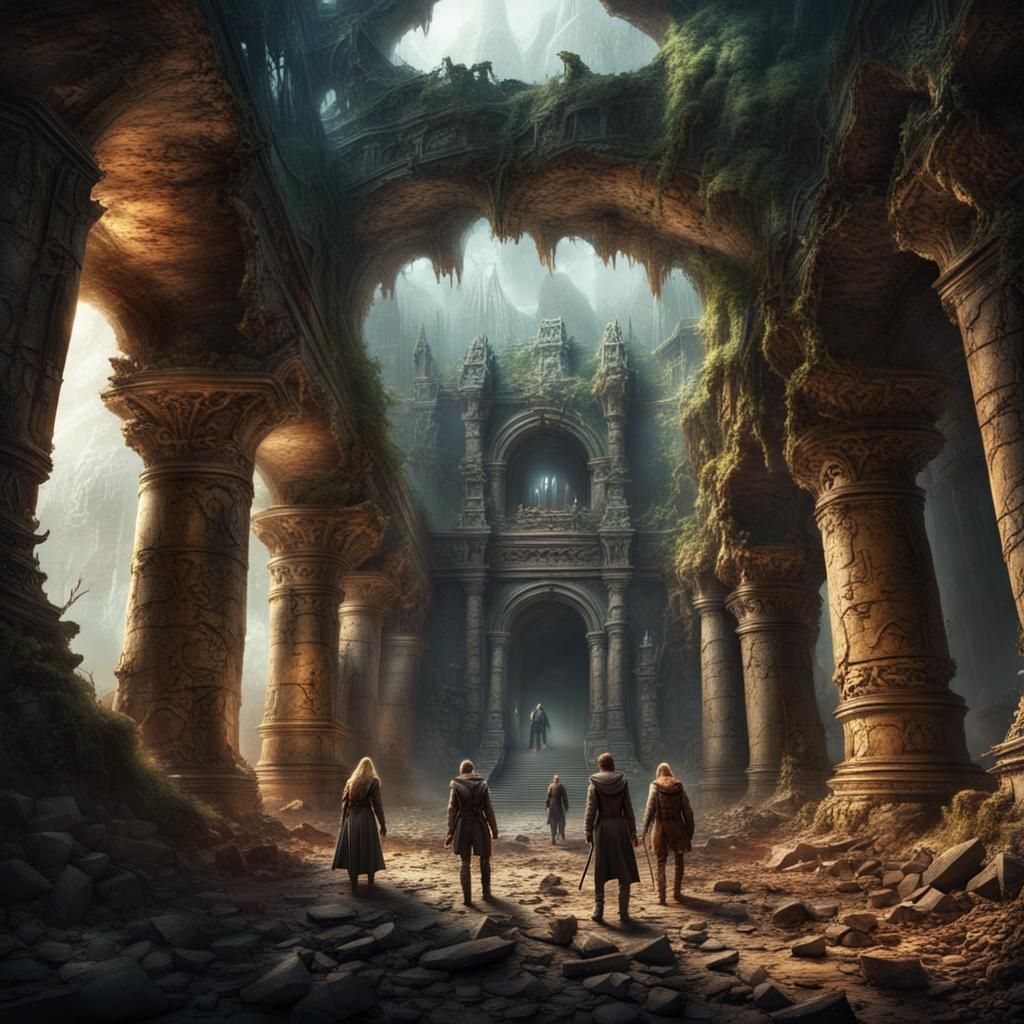 Fantasy Adventurers Explore Ruined Pagan Temple