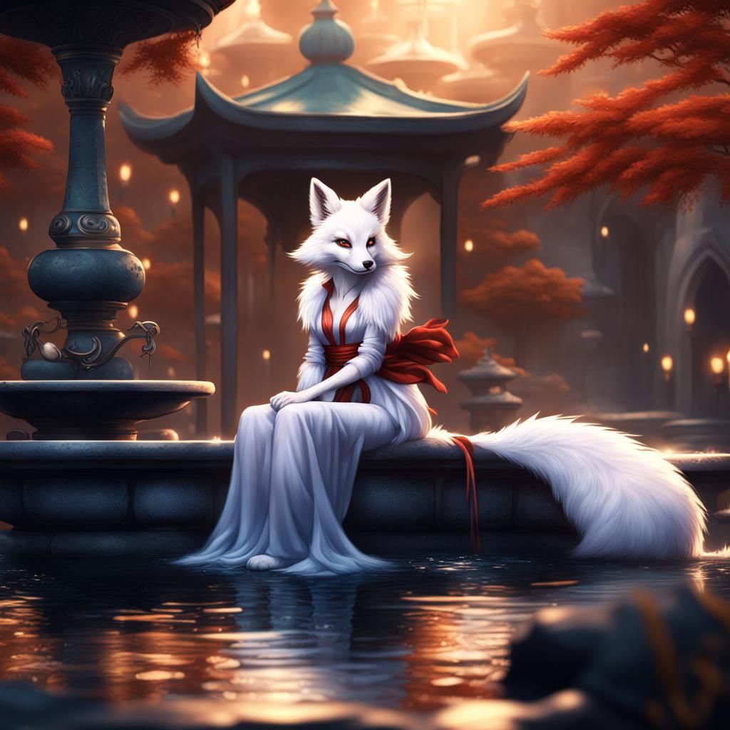 Kitsune in Silk Gown by Fountain