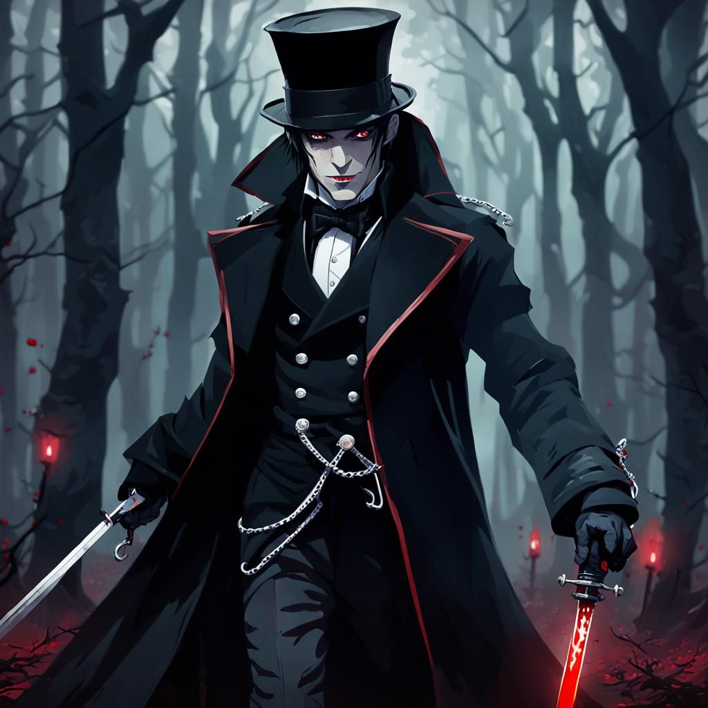 Gothic Vampire in Dark Forest Anime Art