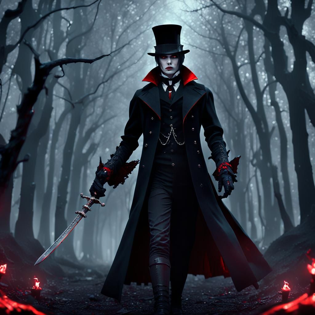 Gothic Vampire Confronts Enemies in Dark Forest