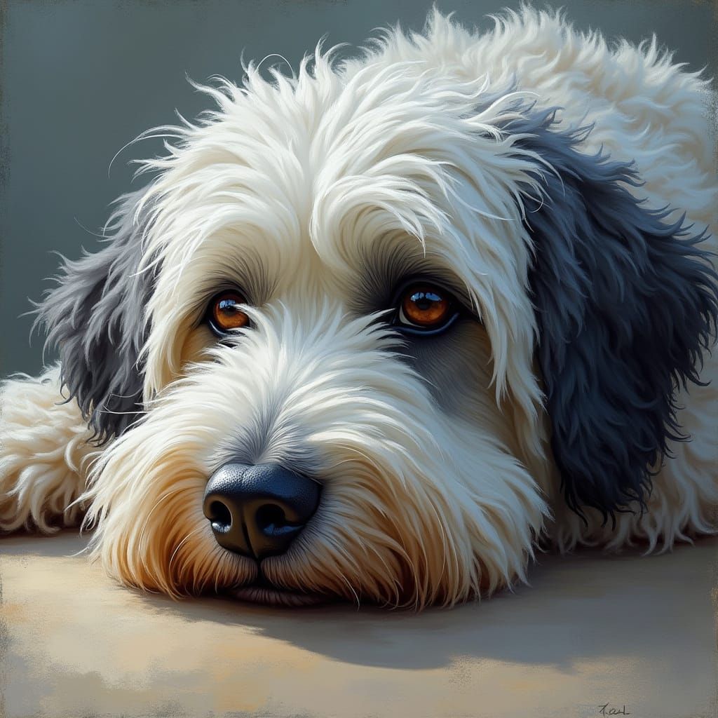 Old English Sheepdog in Refined Painterly Style