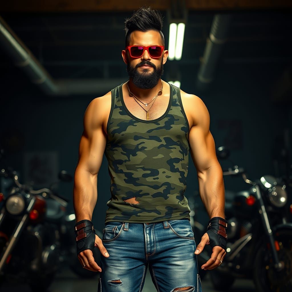 Biker Rebel in Gritty Motorcycle Garage