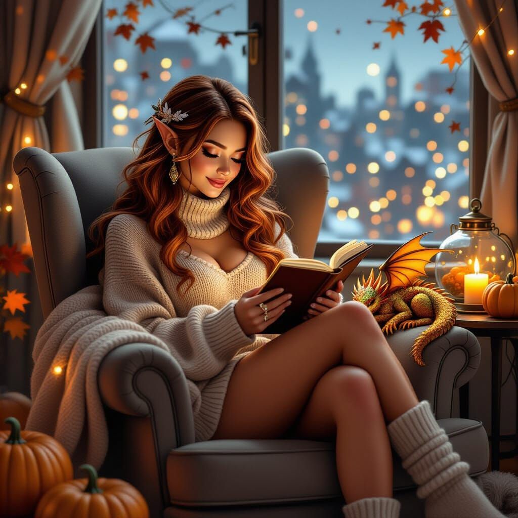 Cozy Autumn Elf with Dragon, Concept Art