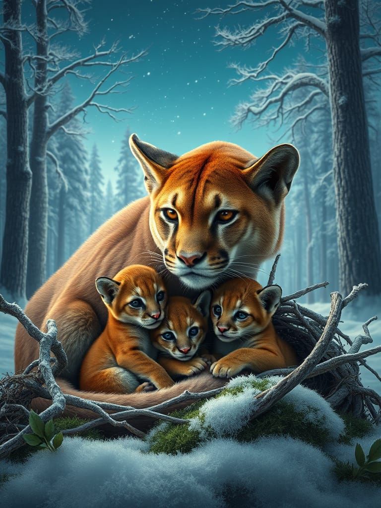 Mother Puma Tenderly Guards Her Cubs in a Frosty Forest Glad...