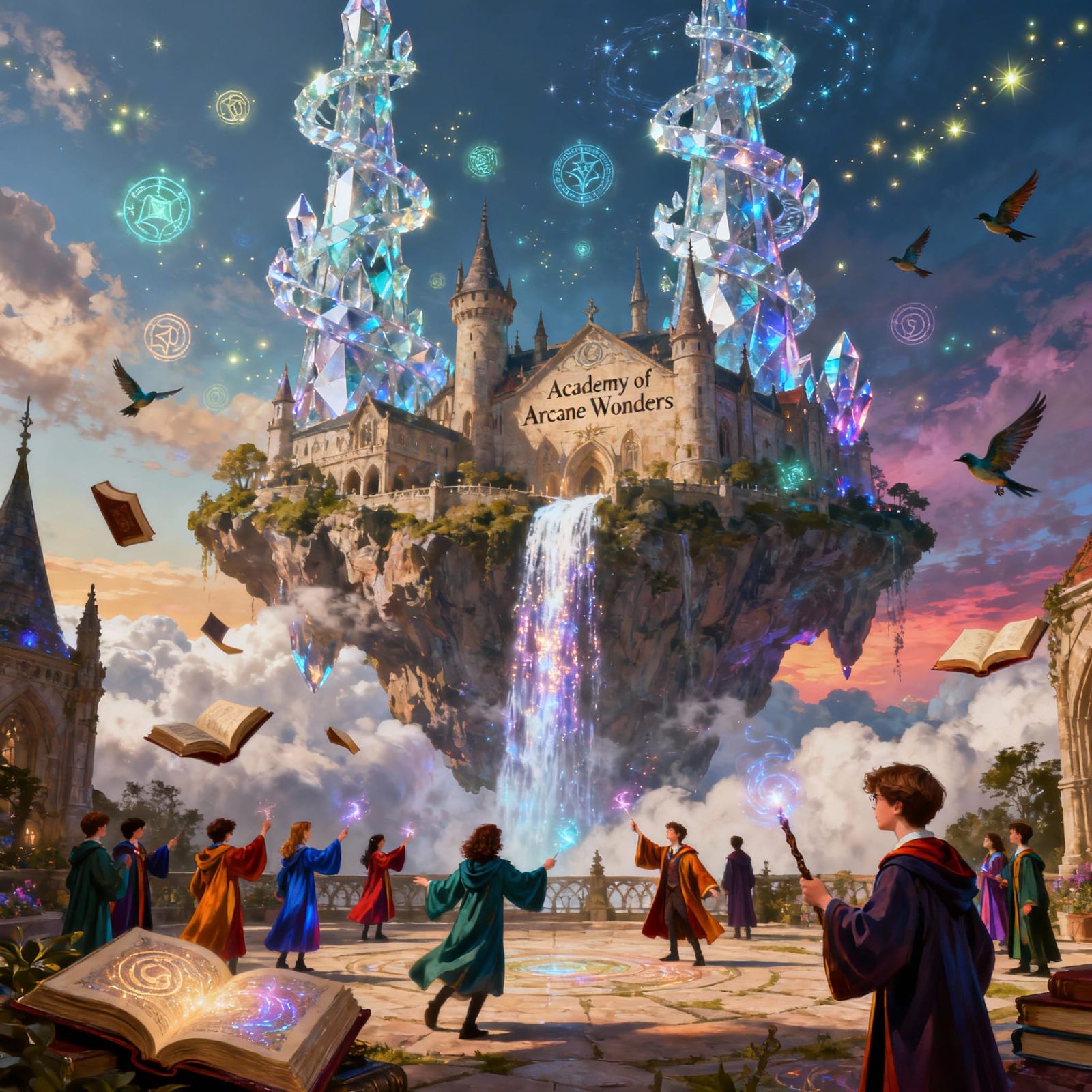 Floating Spell School with Crystalline Towers