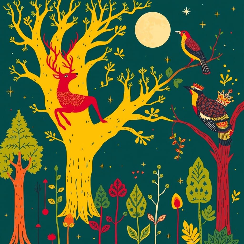 Mystical Forest Scene in Folk Art Style