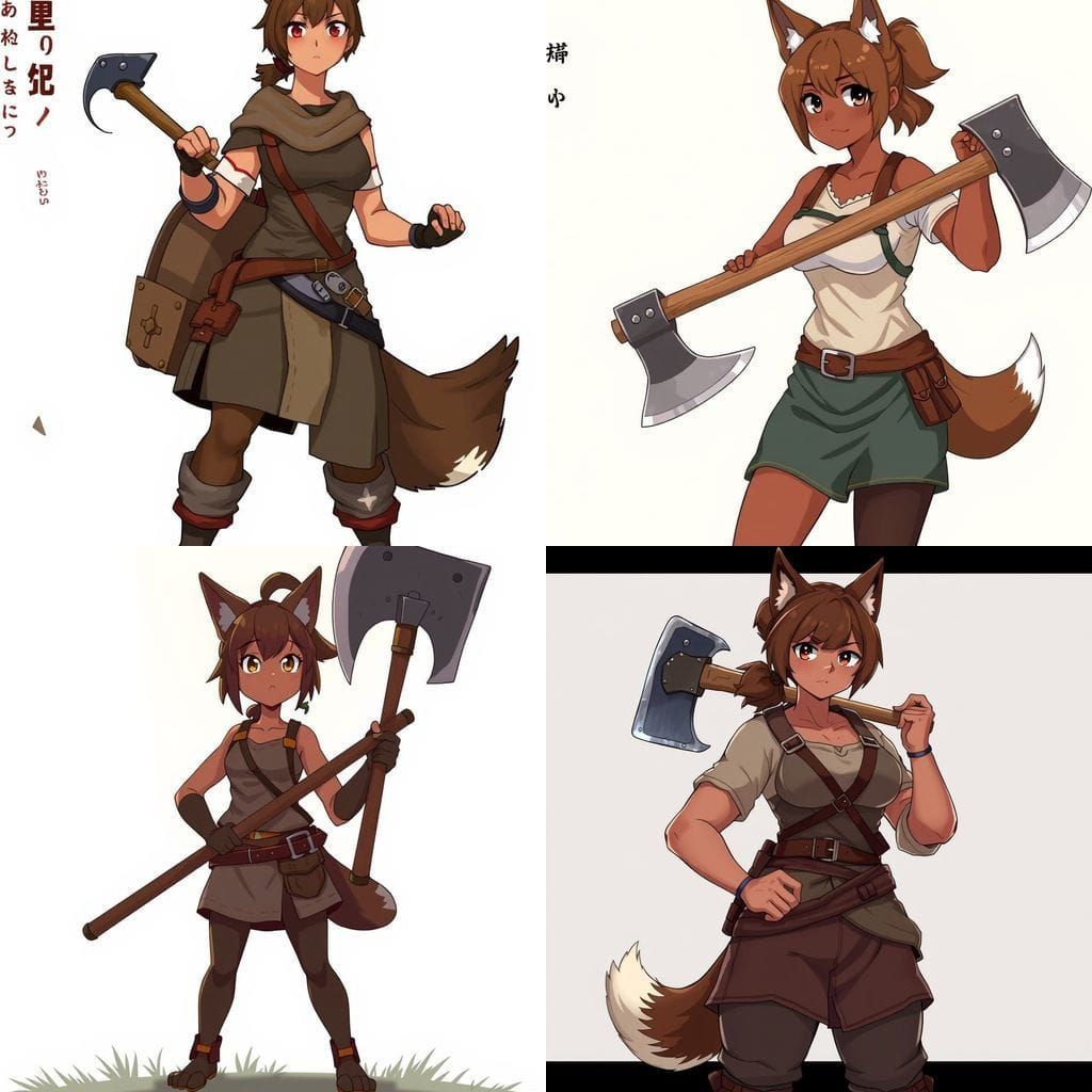 Muscular Dog-Woman with Axe in Anime Style