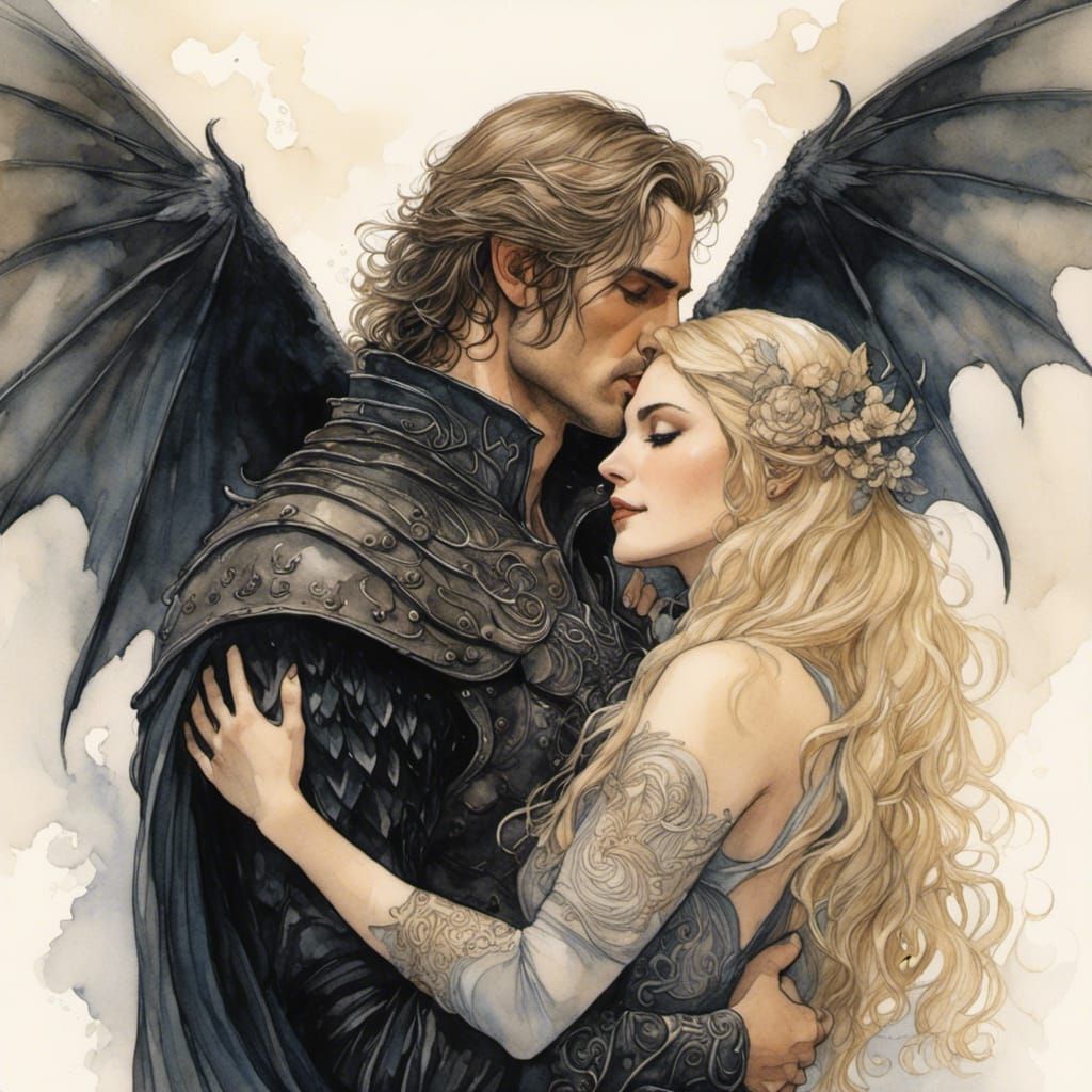 Fae Embrace with Bat Wing Tattoo in Digital Art