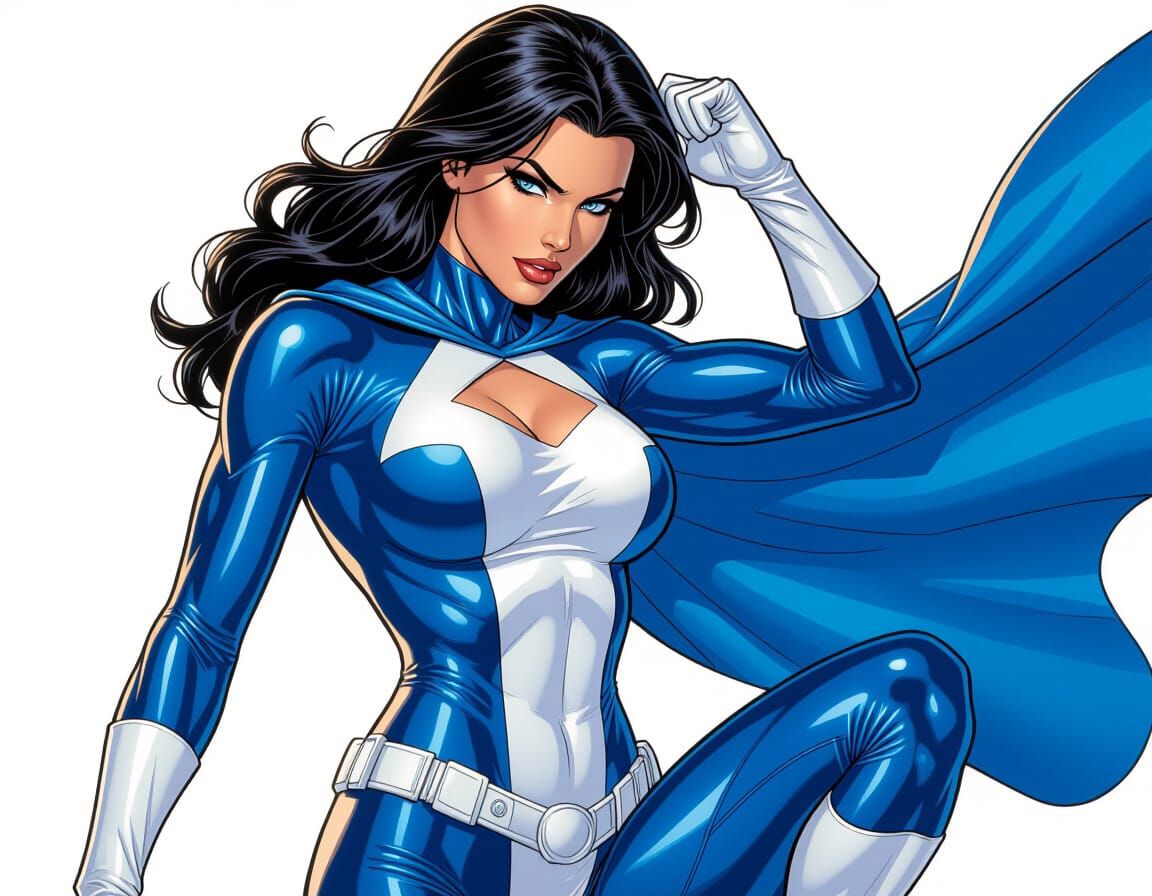 Gorgeous Superheroine In White And Blue Latex Costume