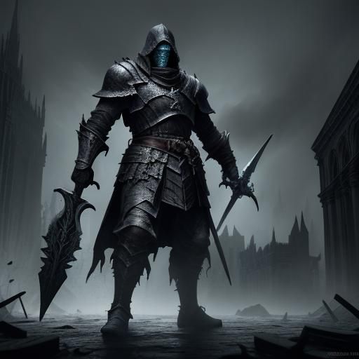Warrior in Desolate Ruins of Gothic City