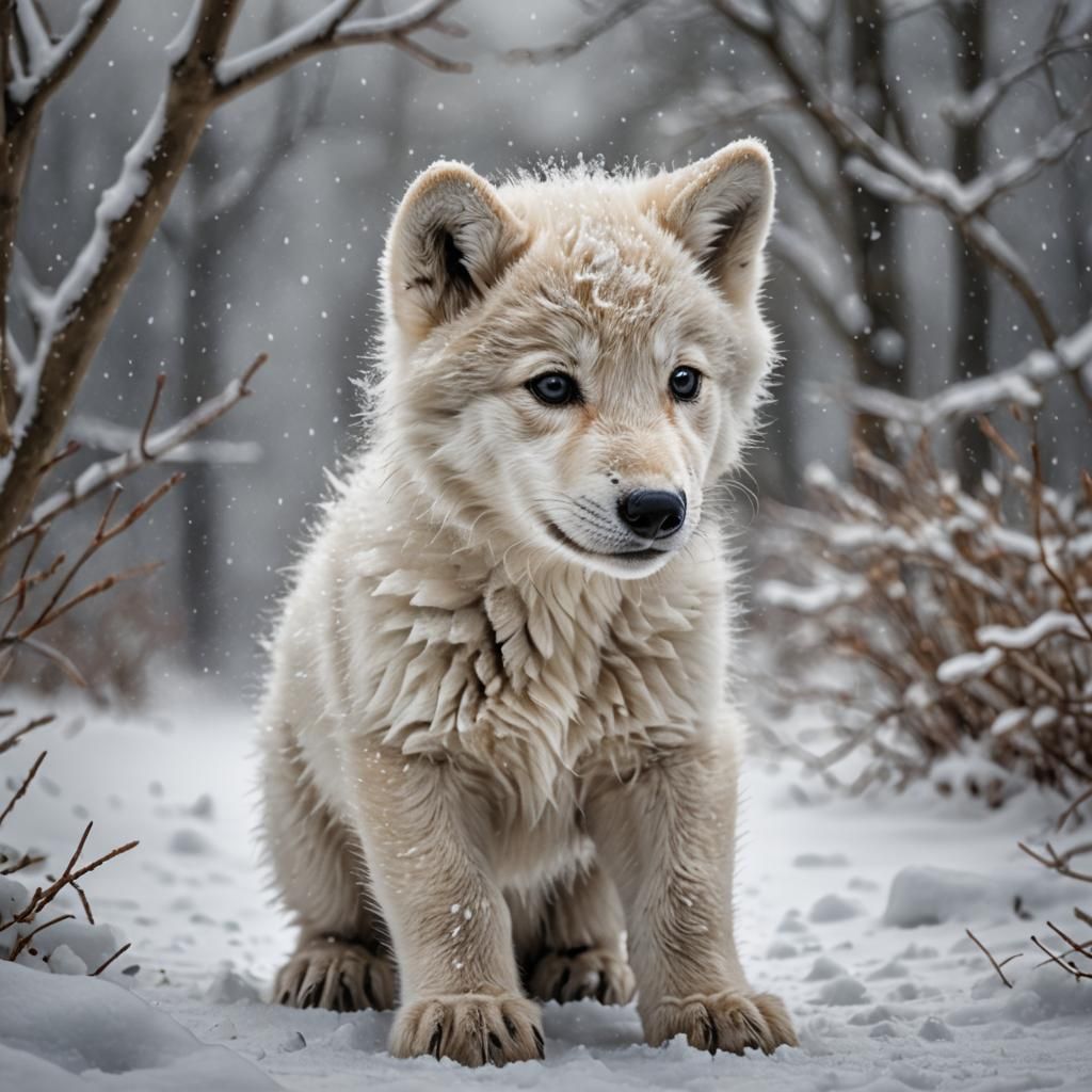 Adorable Polar Wolf Cub Playing in Snow