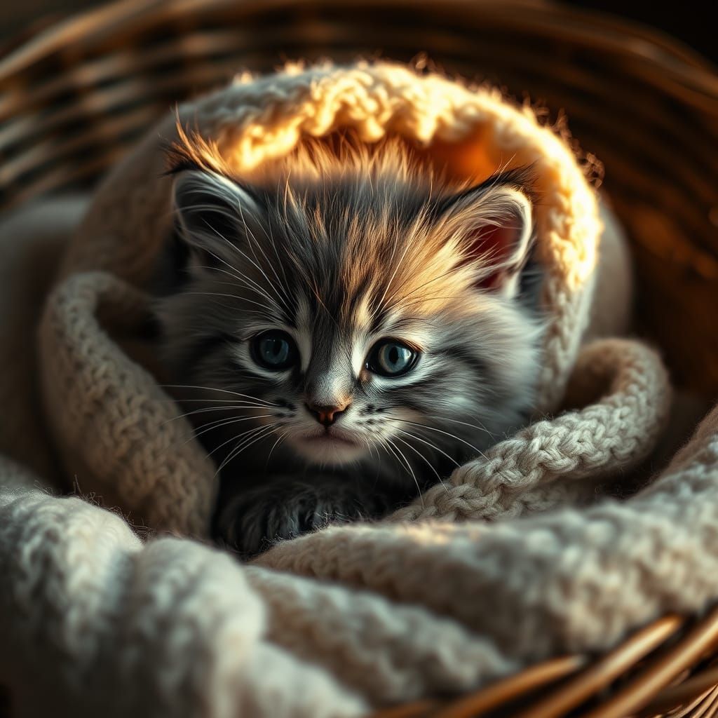 Cute Kitten in Wicker Basket with Soft Blanket