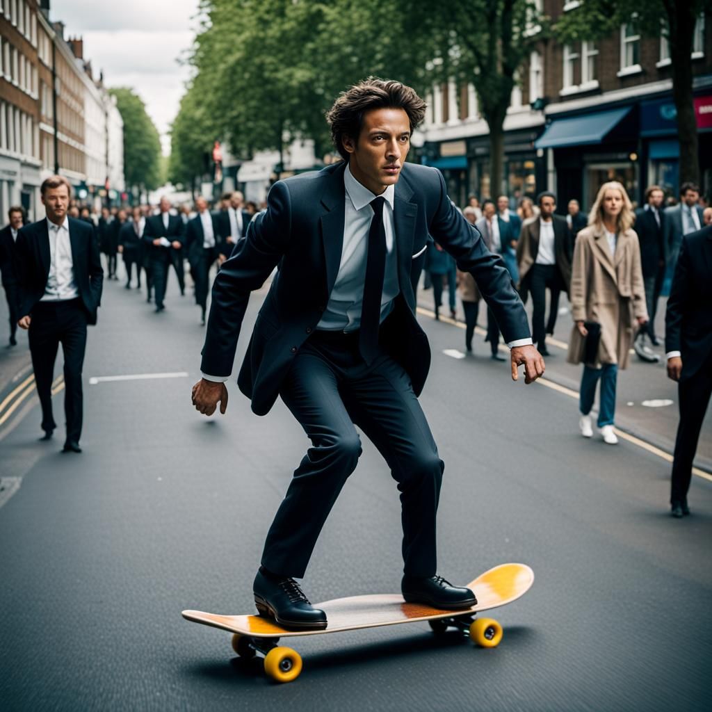Business Man Skateboarding in London Street. Cinematic Style