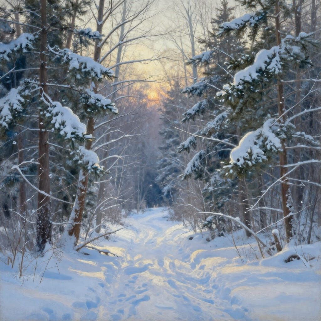 Serene Winter Forest Path Oil Painting