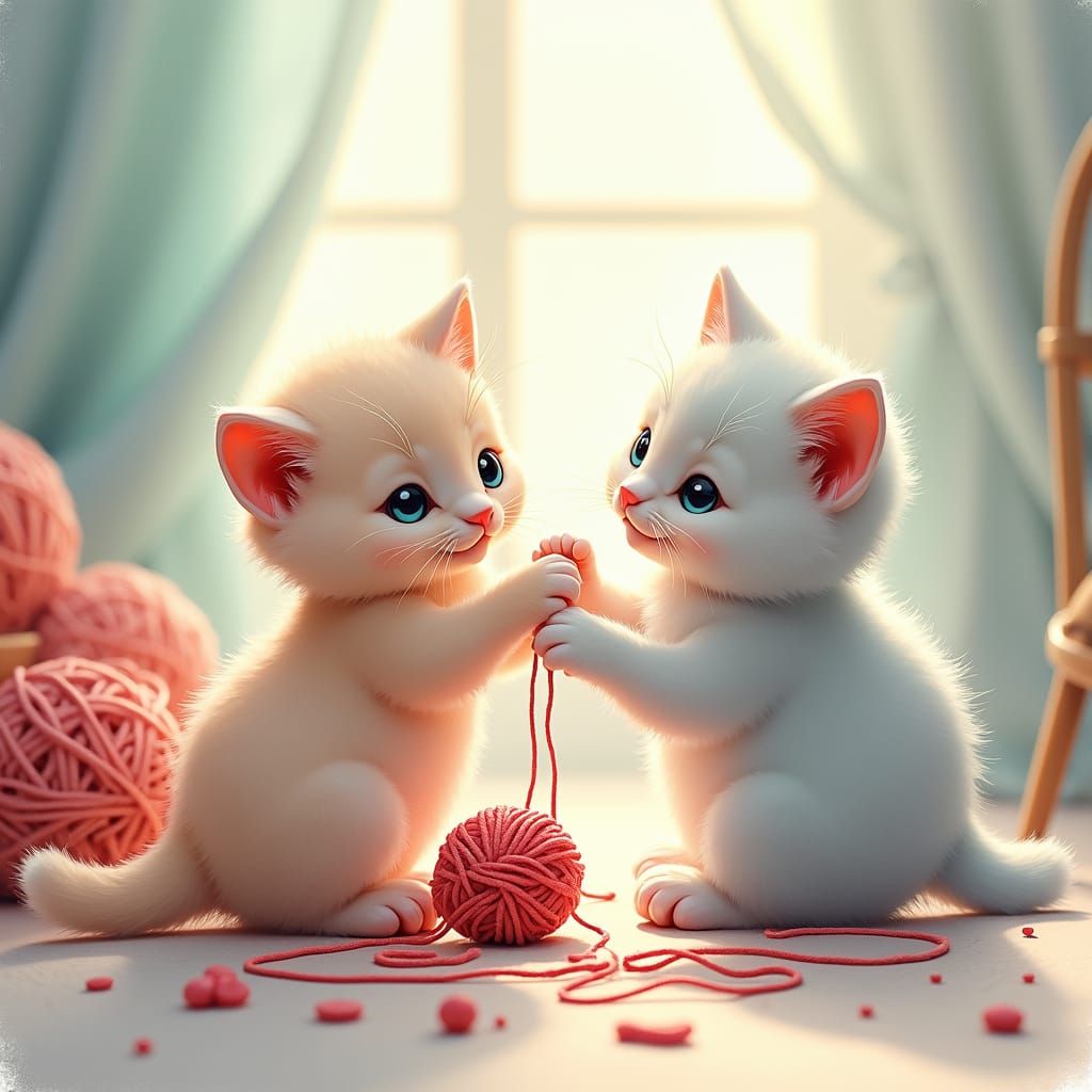 Pastel Kittens Play with Yarn in Watercolor Style
