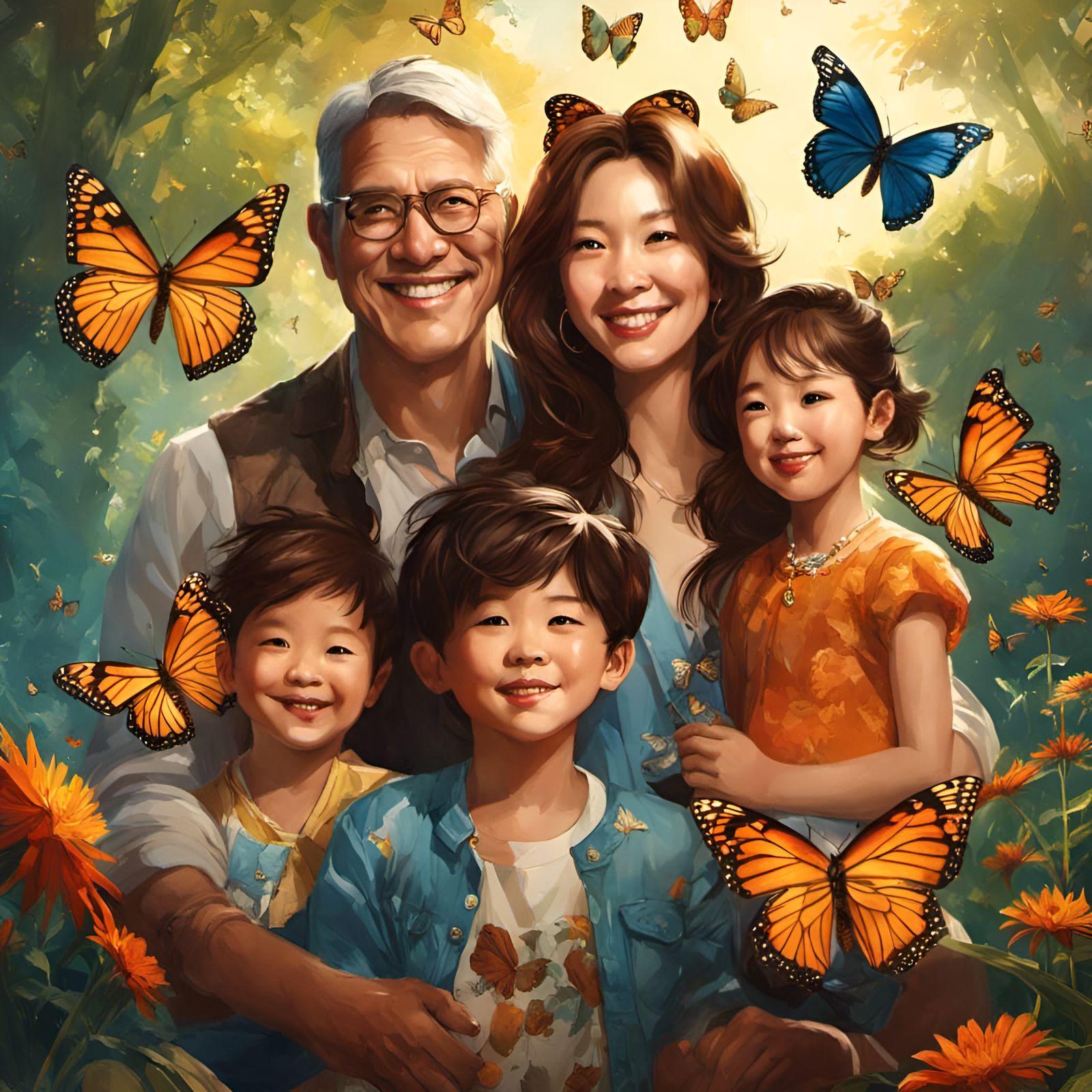 Happy Family Portrait with Butterflies, Golden-Age Illustrat...