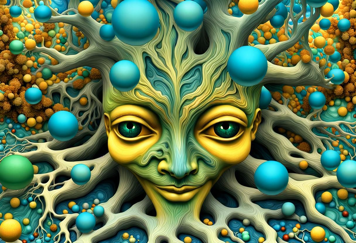 blue jester with psilocybe head living in tree roots in multicolored glass spheres, 3D fractal/mendelbrot, pale compleme...