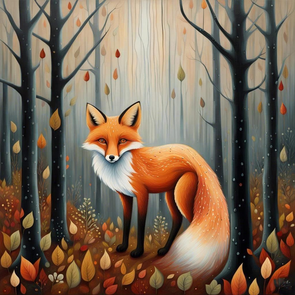Majestic Fox in Forest: Ethereal Folk Art Painting