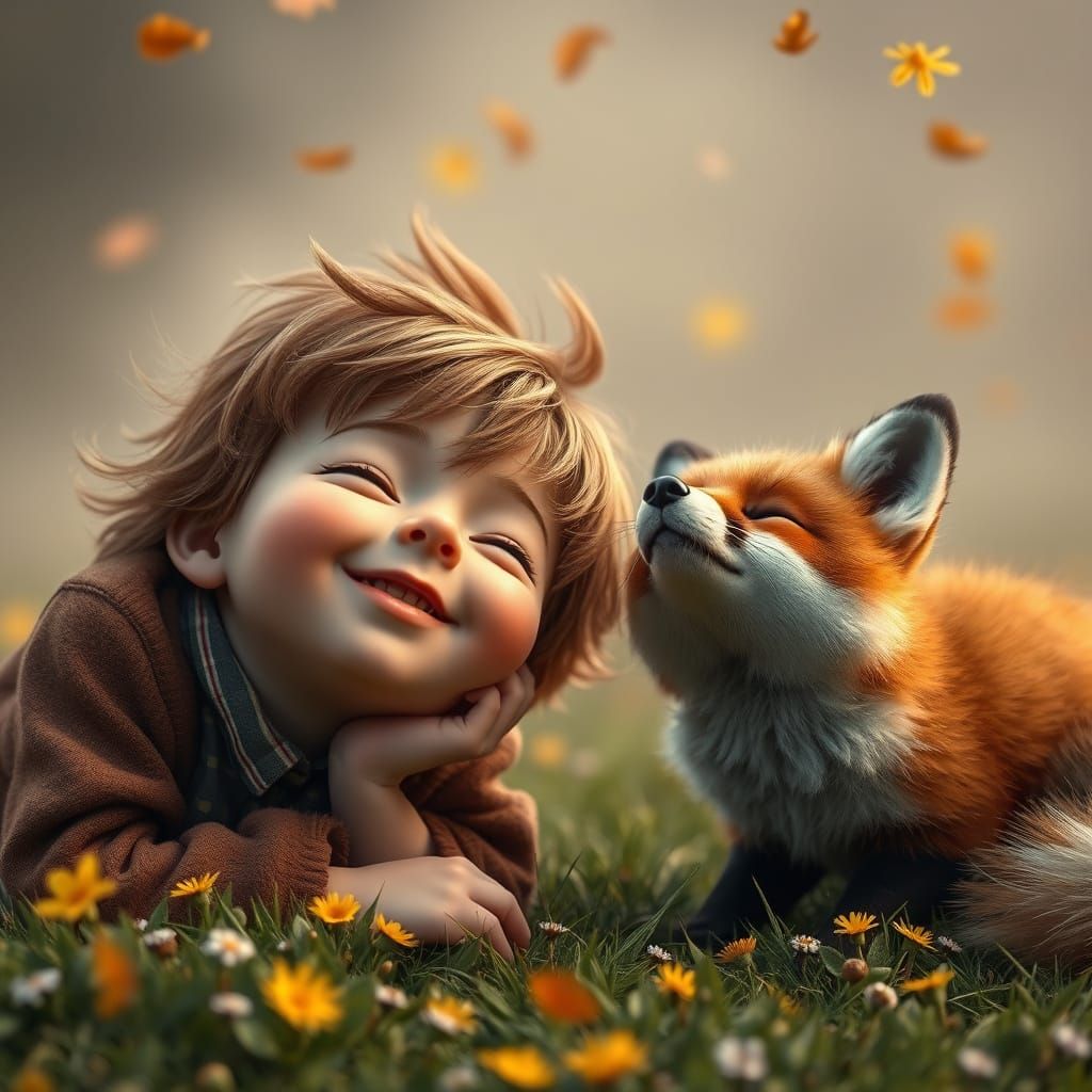 Surreal Autumn Idyll with Boy and Fox in Whimsical Fantasy L...