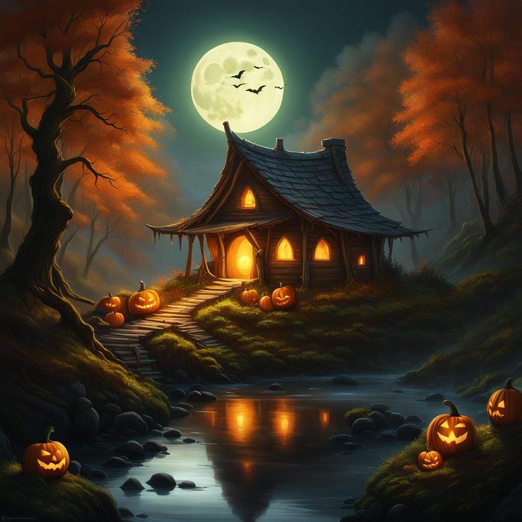 Halloween Night: Ghosts, Pumpkin, and Misty Valley