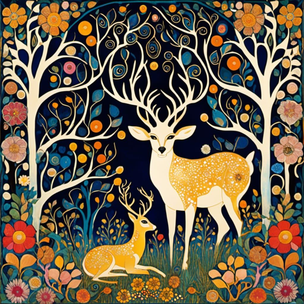 Luminescent Forest with Magical Wildlife, Art Brut Style